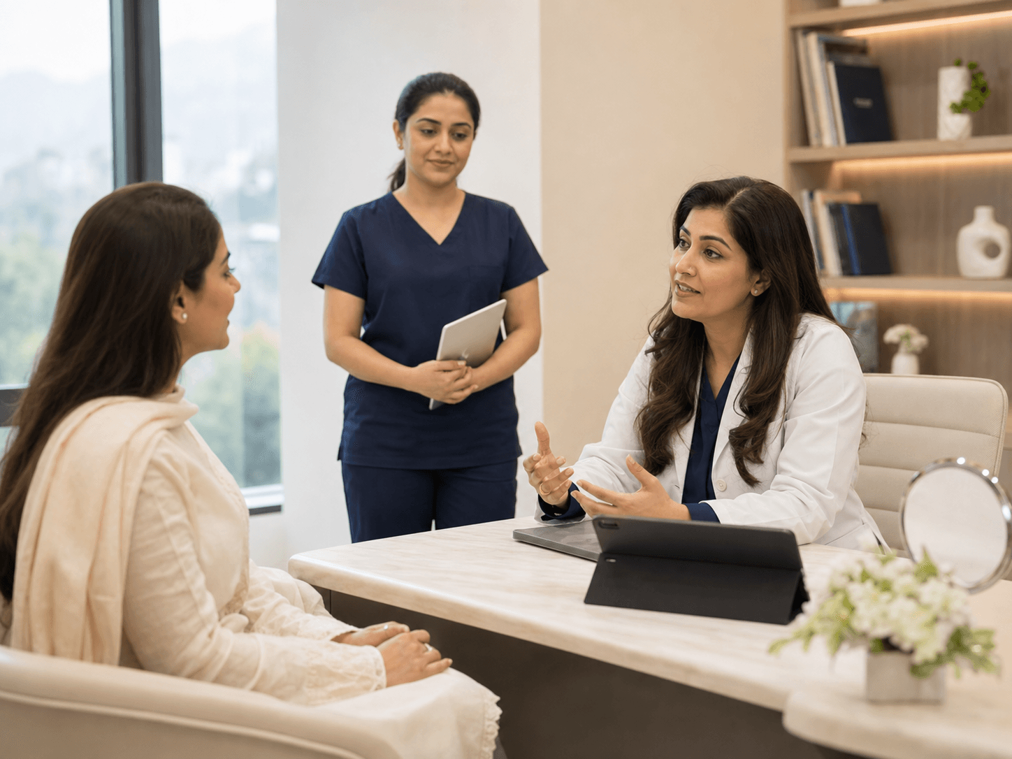 Female surgeon consulting with a woman while a female clinical staff member assists