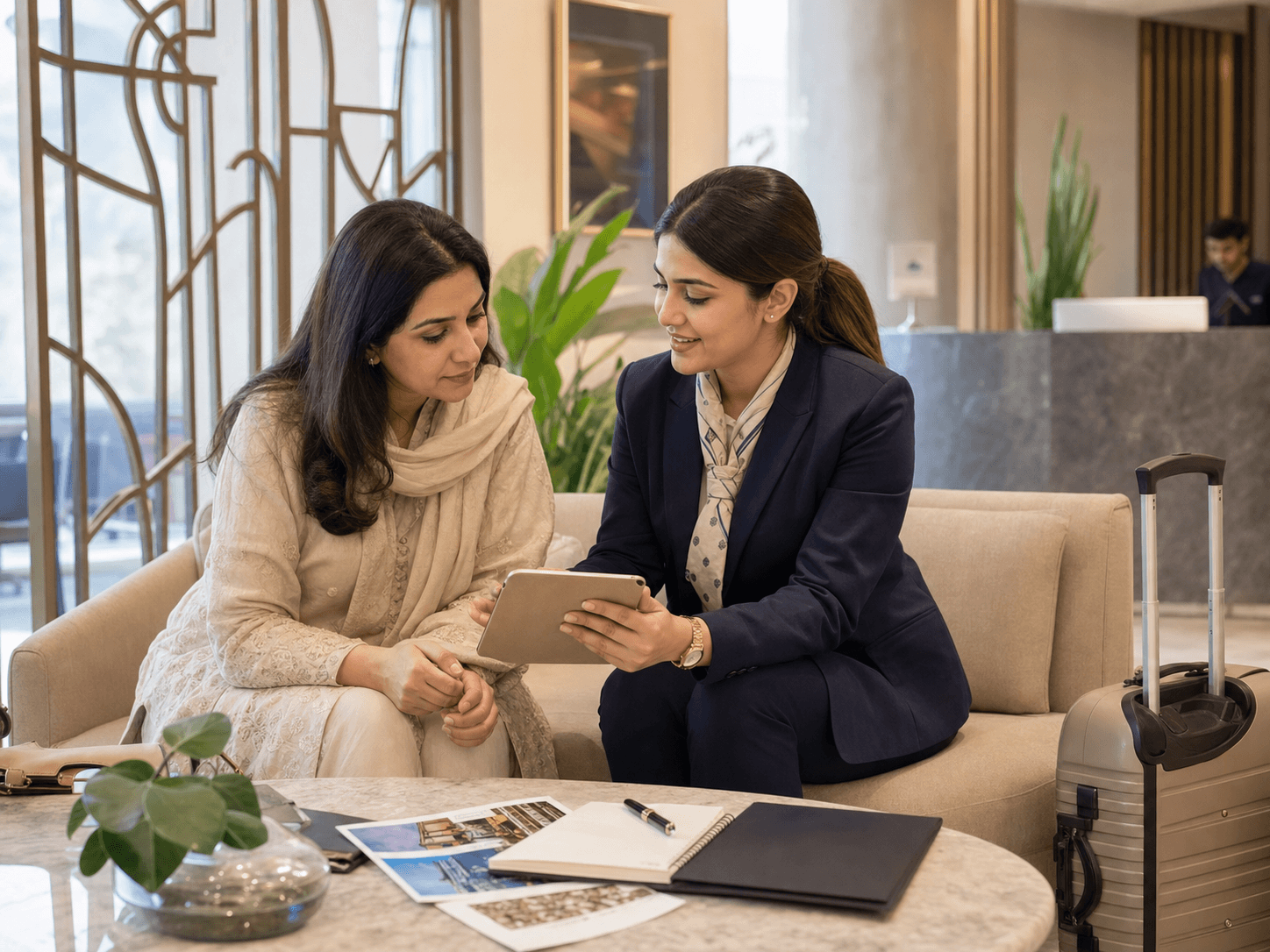International patient reviewing a travel plan with a clinic coordinator in Islamabad