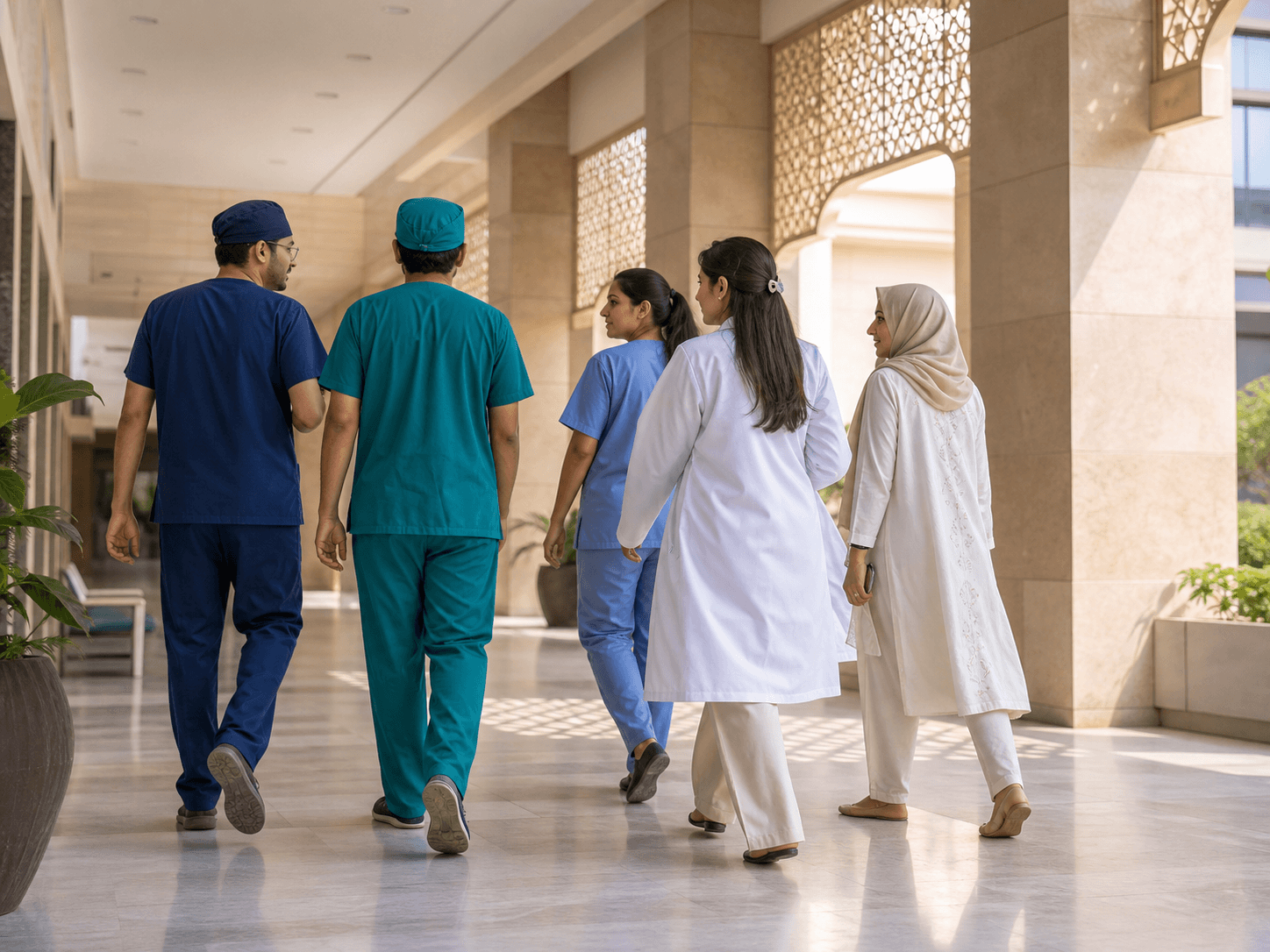 Representative multidisciplinary healthcare team walking through a hospital corridor