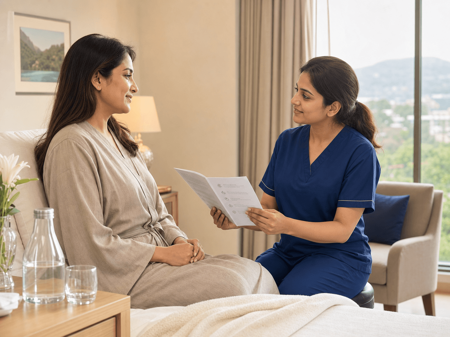 Patient reviewing recovery guidance with a female nurse after body contouring surgery