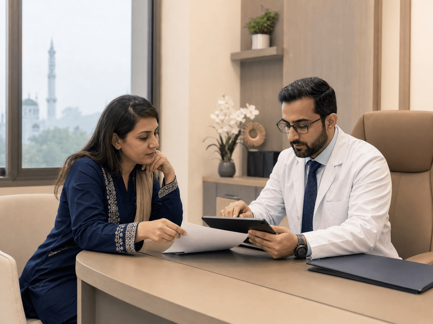Patient preparing consultation questions with a surgeon in Islamabad
